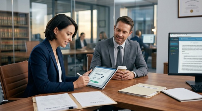 A signer reviewing and signing an agreement on a tablet while a colleague looks on